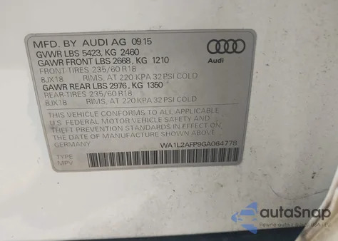 2016 Audi Q5 2.0T Premium from USA, damaged, VIN WA1L2AFP9GA064778